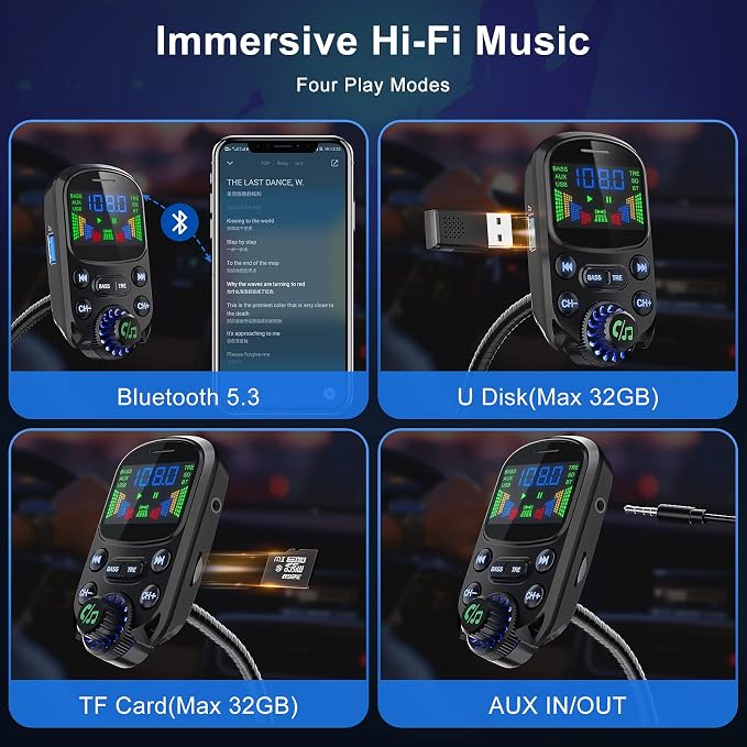 Bluetooth 5.3 FM Transmitter for Car- SOARUN Bluetooth Car Adapter PD30W & USB - Image 5