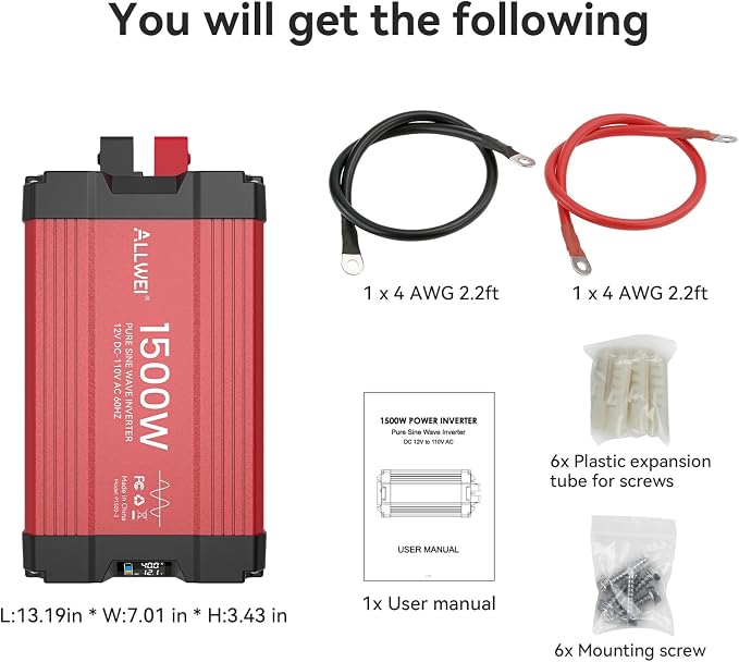 ALLWEI 1500W Pure Sine Wave Inverter 12V DC to 110V AC Converter, Surge 3000W | - Image 7