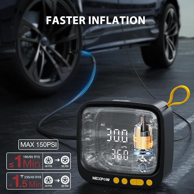 Tire Inflator Portable Air Compressor, NEXPOW 150PSI 12V DC Air Pump - Image 2