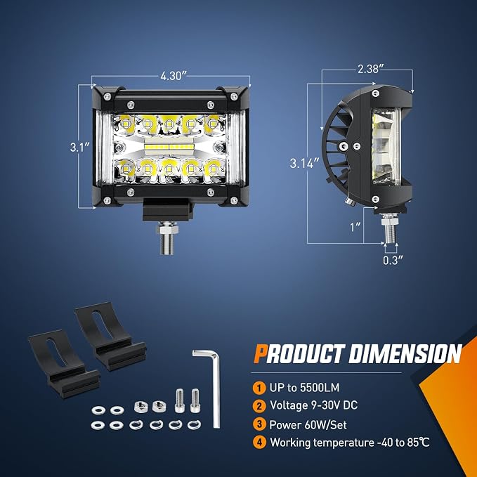 Nilight Side Shooter LED Light Bar 2PCS 4.3 Inch Triple Row Spot Flood Combo - Image 3