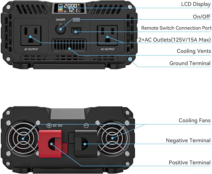ALLWEI 2000W Pure Sine Wave Inverter 12V DC to 110V AC Converter, Surge 4000W - Image 6