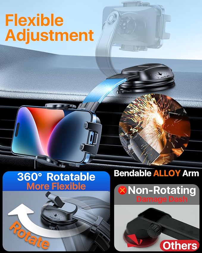 HTU Upgraded Strongest Suction Car Phone Holder Bendable Arm, Never Block View - Image 4