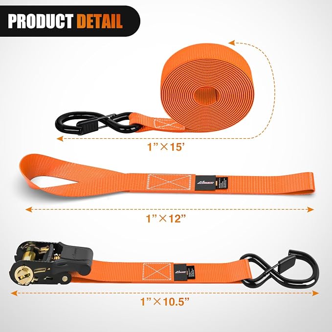 Nilight Ratchet Tie Down Straps 4500Lbs Max Break Strength 1”×15’ Heavy Duty - Image 2