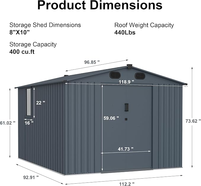 LANTRO JS 10x8FT Metal Outdoor Storage Shed, Garden Tool Shed Without Floor - Image 3