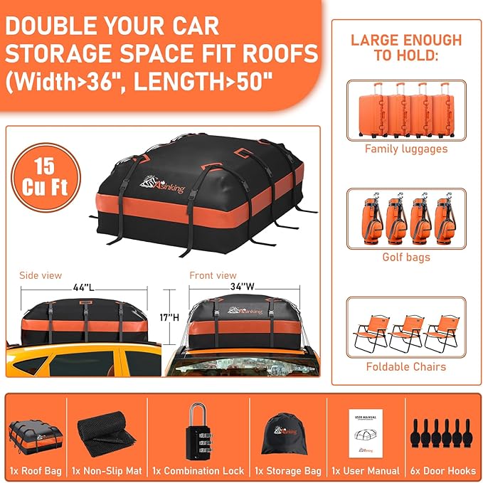 Asinking Car Roof Bag Rooftop top Cargo Carrier Bag 15 Cubic feet Waterproof - Image 6