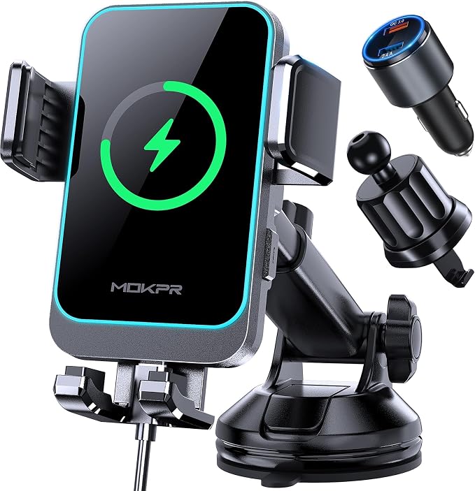 Wireless Car Charger, MOKPR 15W Fast Charging Auto Clamping Dashboard by MOKPR