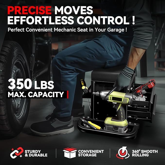 Auto Dynasty 3-Drawer Mechanic Rolling Seat, 350 LBS Capacity Roller Garage - Image 2
