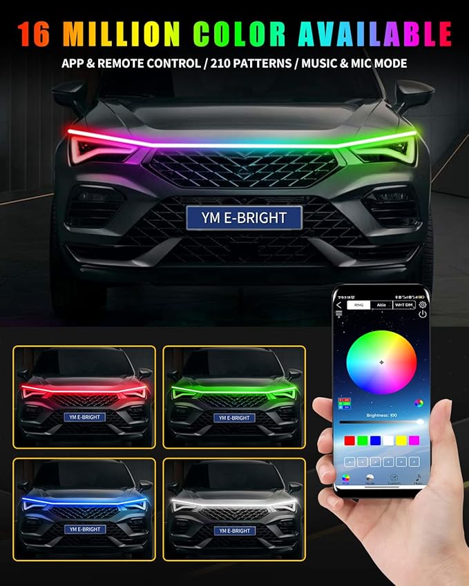 YM E-Bright Car Led Lights Exterior RGB Hood Light Strip Waterproof Multicolor - Image 4