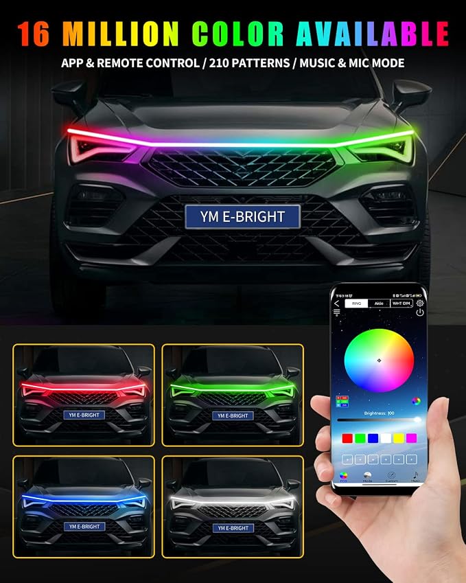 YM E-Bright Car Led Lights Exterior RGB Hood Light Strip Waterproof Multicolor - Image 4
