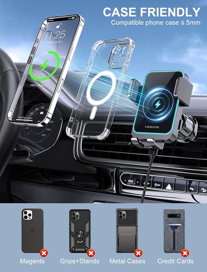 Wireless Car Charger, MOKPR 15W Fast Charging Auto Clamping Air Vent Car Phone - Image 2