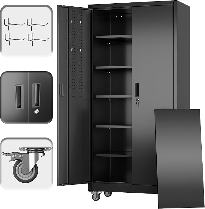 Garage Storage Cabinet with Wheels Pegboard and 5 Adjustable Shelves, Tool by SUXXANFurniture