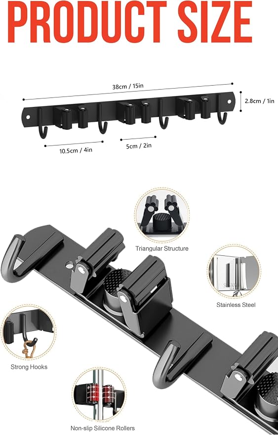 2 Pack Mop and Broom Holder Wall Mount, Upgraded Broom Hanger Wall Mount - Image 2