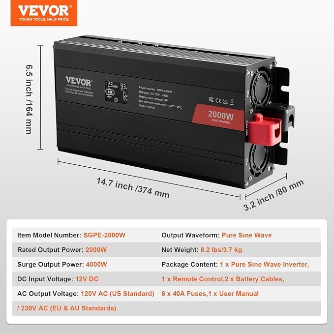 VEVOR Pure Sine Wave Inverter, 2000 Watt, DC 12V to AC 120V Power Inverter - Image 7
