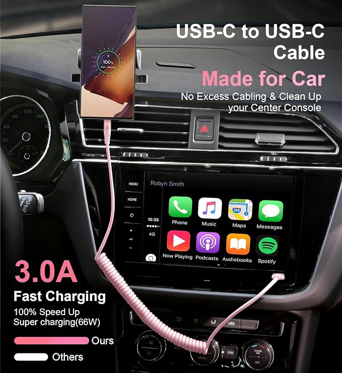 USB C to C Cable 3FT for Car, Coiled USB C Fast Charging Cable for iPhone 16 - Image 3