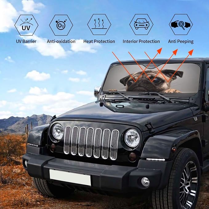 Pug Dog Car Windshield Sunshade Front Window Sun Visor Protector Foldable - Image 6