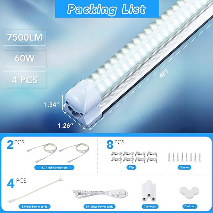 T8 LED Shop Lights, 4 Pack Garage Light 4FT 60W 9600LM 6000K, Work Lights - Image 5