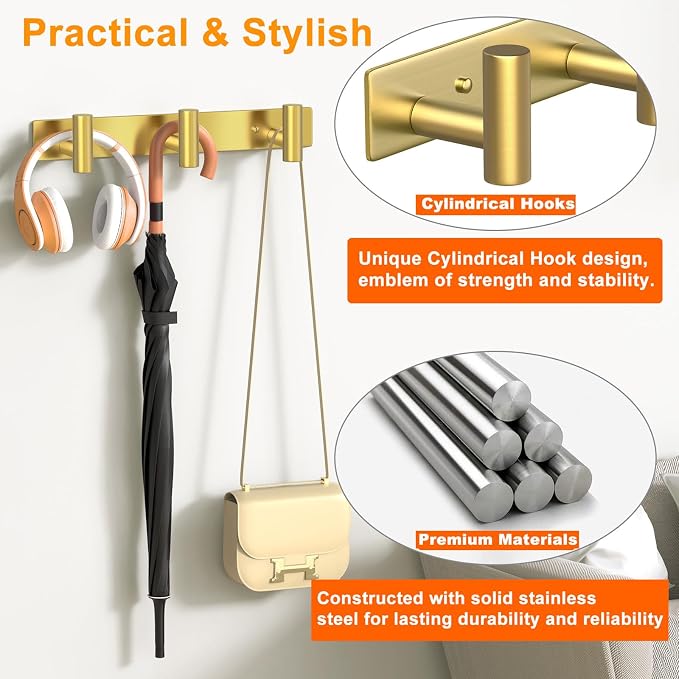 Wall Mounted Coat Rack-3 Hooks, Heavy Duty Stainless Steel Hook Rail - Image 3