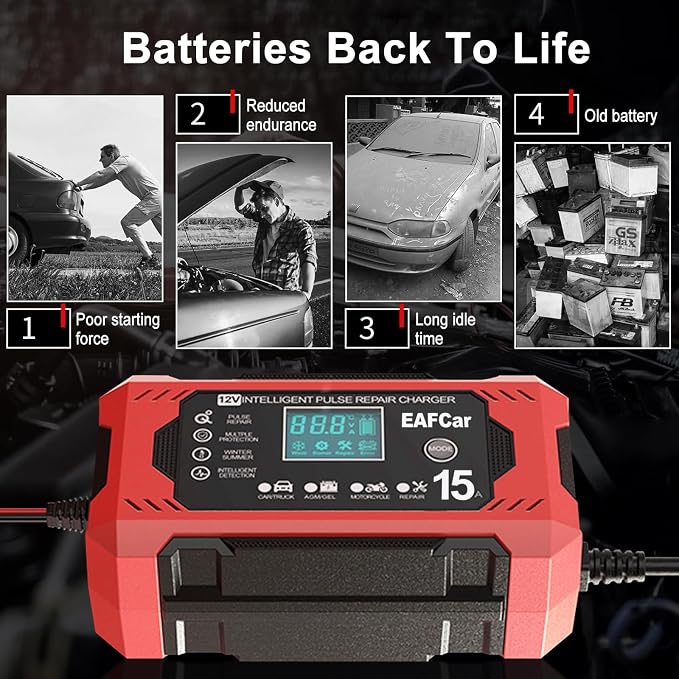 15-Amp Battery Charger, 12V Trickle Charger Car Battery Charger, Smart - Image 3