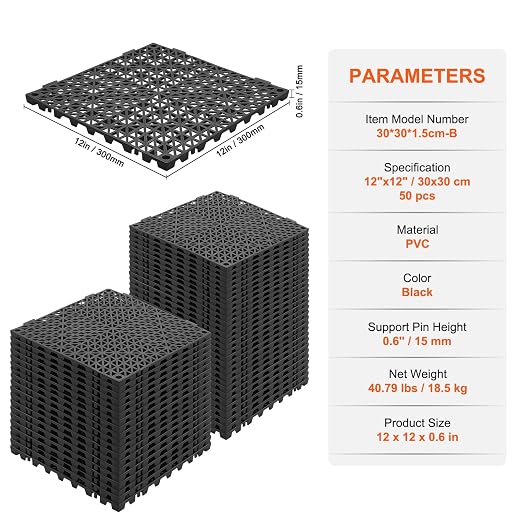 VEVOR Interlocking Tile 50PCS Black, Drainage Tiles 12" x 12" Splicing - Image 7