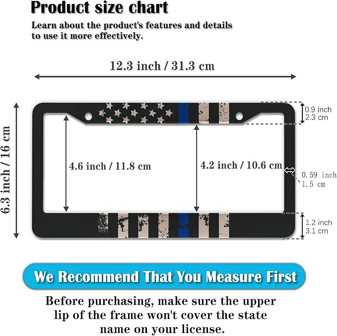 License Plate Frames Black, and Blue Car Plate Frames Thin Blue Line USA Flag - Image 2