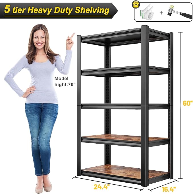 REIBII Storage Shelves 2500LBS Metal Shelving Adjustable Garage Shelving 5 Tier - Image 2