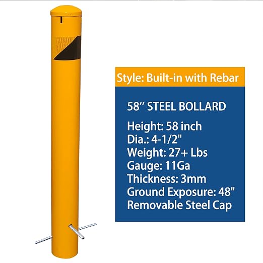 58" High 4-1/2" OD Steel Bollard Post Underground Mount, Cap Removable Safety - Image 2