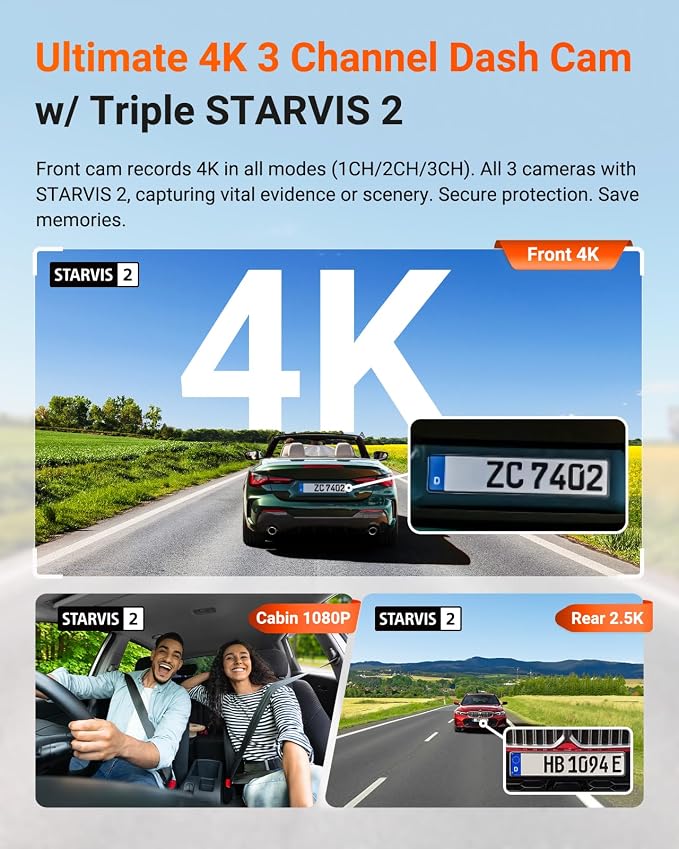 Vantrue N4 Pro S 4K 3 Channel Dash Cam w/Triple STARVIS 2, 4K+1080P+2.5K Front - Image 2