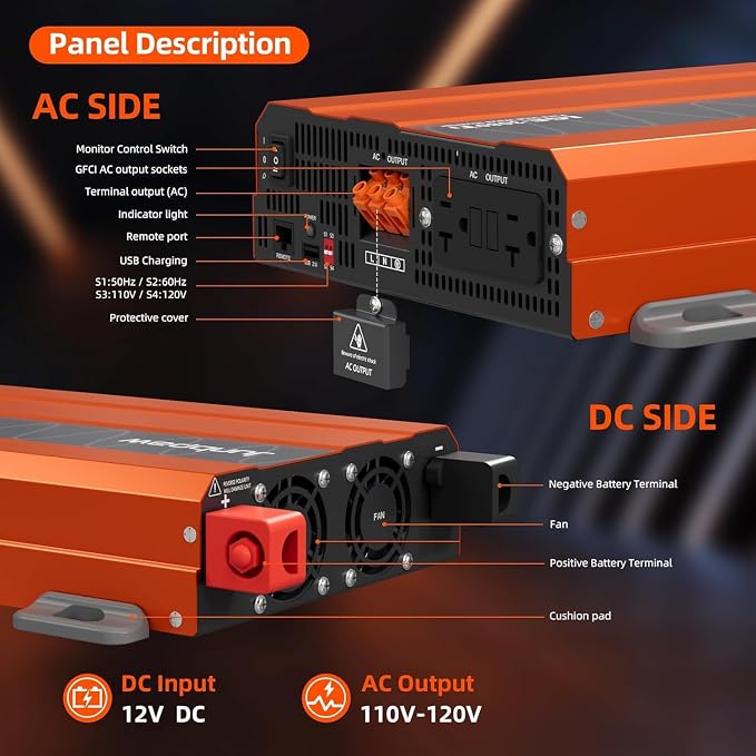 3080 Watt Pure Sine Wave Inverter, Equipment GFCI, 12V DC to 120V AC Converter - Image 7