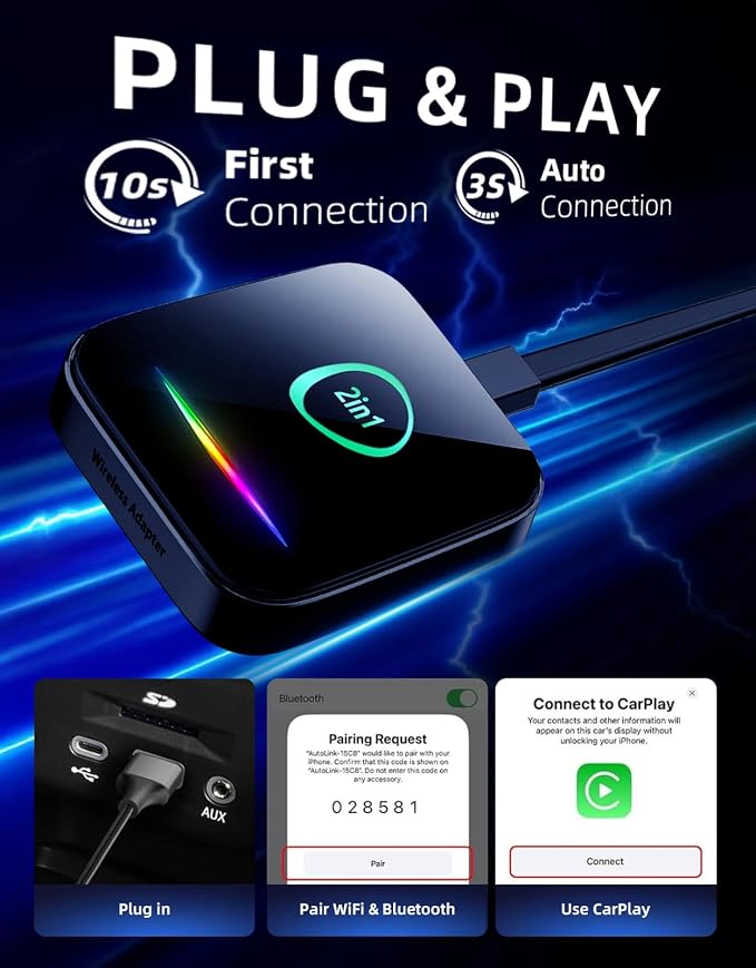 Wireless CarPlay Adapter for Apple iPhone & Android Auto, Plug & Play Dongle - Image 3