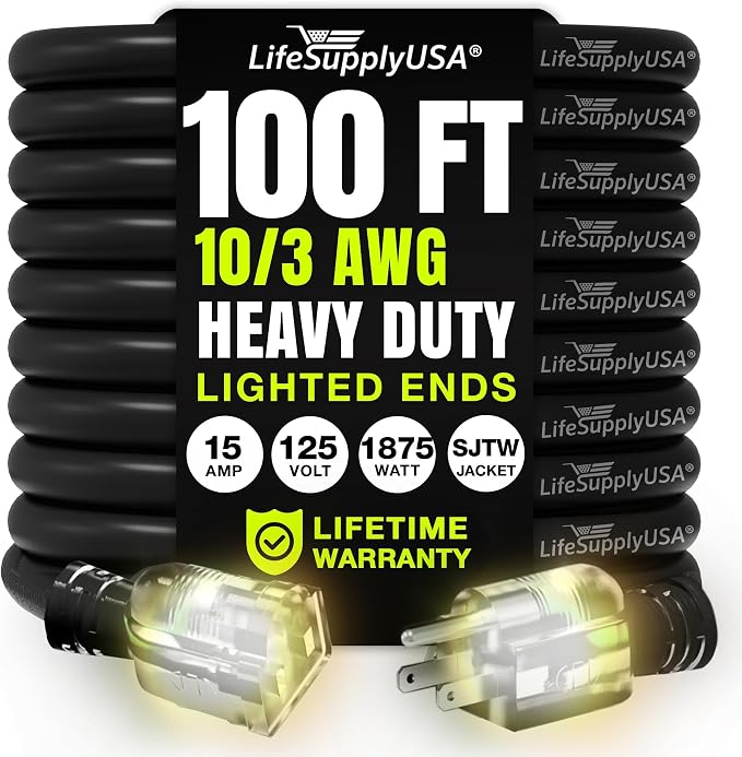 100ft Outdoor/Indoor Extension Cord 10/3 Gauge Ultra Heavy Duty 3 Prong SJTW by LifeSupplyUSA