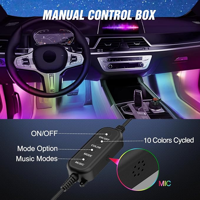 Nilight 4PCS Interior Car Strip Lights Cigarette Lighter Dream Color RGB-IC 12V - Image 4