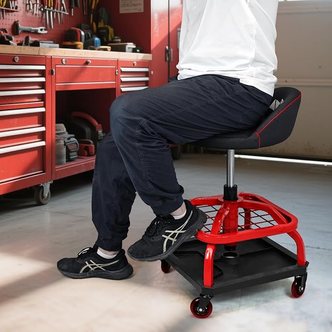 Rolling Stool with Red Wheels, Heavy Duty Garage Work Mechanic Rolling Shop - Image 7
