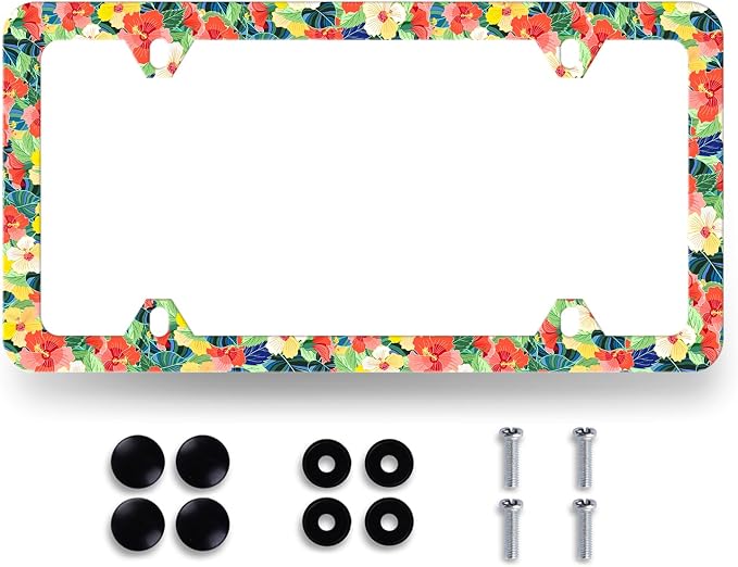 Pink Yellow Hibiscus License Plate Frame Hawaii Floral Flowers License Plate by MUAWUOIK