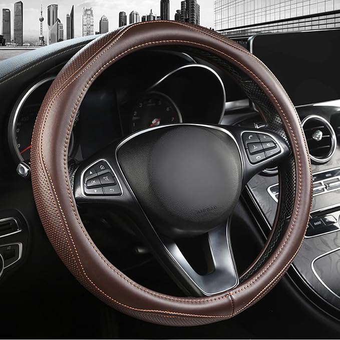 High-Grade Brown Genuine Leather Steering Wheel Cover by PJBTVZ