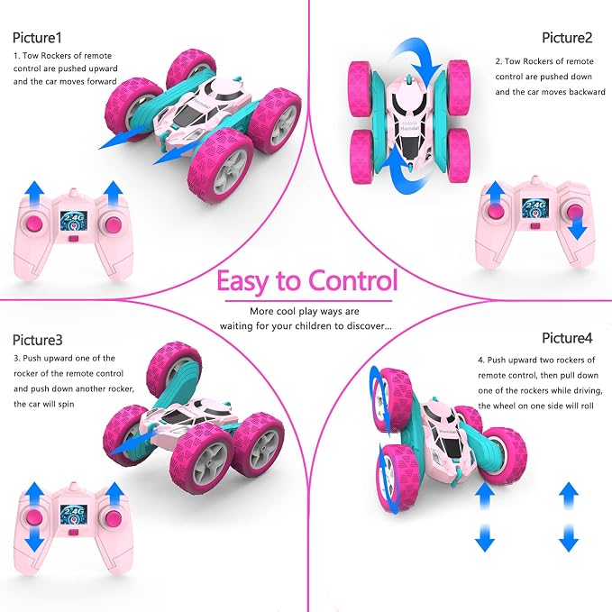 Remote Control Car for Girls Pink RC Car Double Sided 360°Flip Stunt Car - Image 4