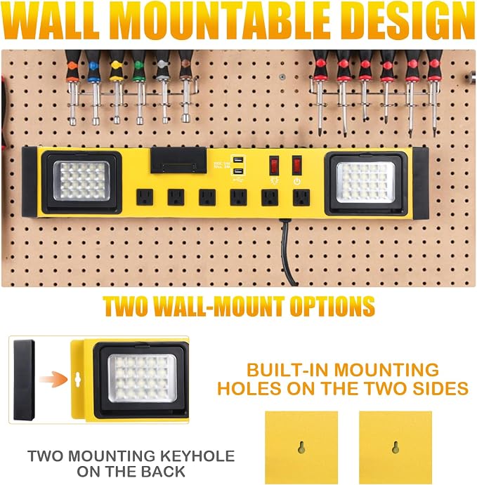 6 Outlets Power Strip with LED Worklight, Metal Heavy Duty Wall Mount Workbench - Image 6