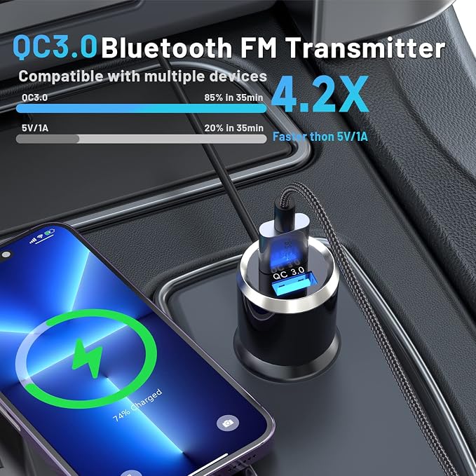 Bluetooth FM Transmitter for Car, Wireless Radio Adapter Car Music Player - Image 4