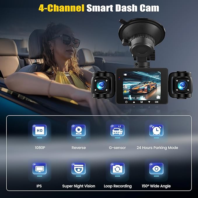 4 Channel Dash Cam Front and Rear Inside Left Right, 2.4 Inch 1080P Dash Camera - Image 3