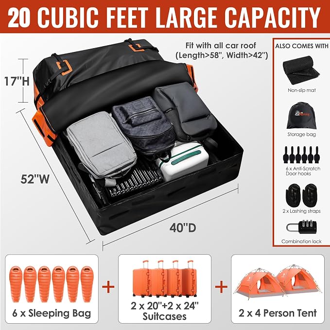 Car Rooftop Cargo Carrier Bag, 20 Cubic Feet Waterproof Heavy Duty 840D Car - Image 3