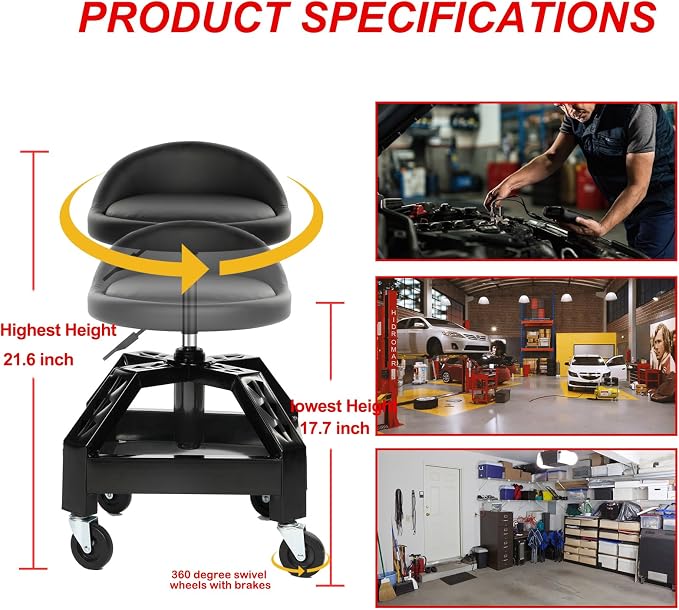 Garage Shop Rolling Seat, Heavy Duty Adjustable Rolling Mechanic Stool - Image 3