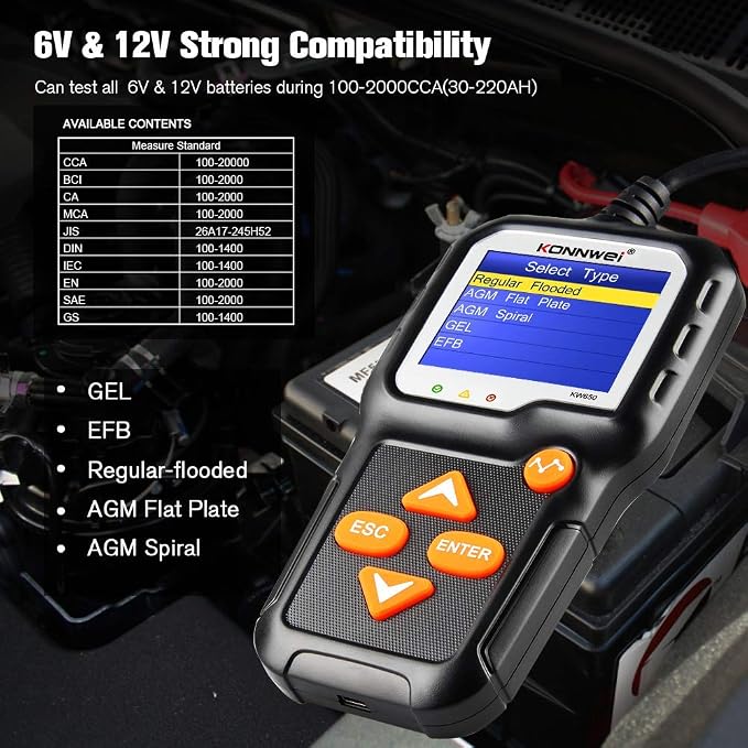 KONNWEI KW650 6V 12V Car Battery Tester, 100-2000 CCA Battery Load Tester - Image 3