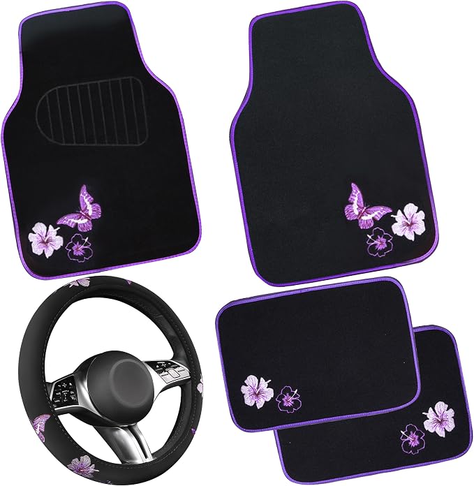 CAR PASS Butterfly Steering Wheel Cover and Waterproof Car Floor Mats, Sedans by CARPASS