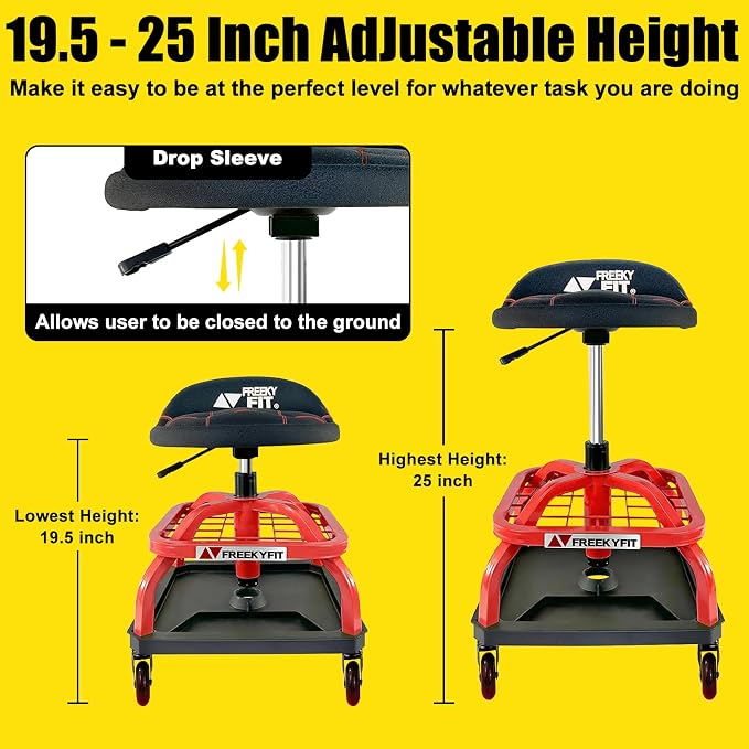Rolling Stool with Red Wheels, Heavy Duty Garage Work Mechanic Rolling Shop - Image 3