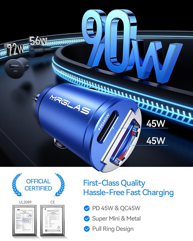 MRGLAS 90W USB C Car Charger Fast Charge, PD45W & QC45W, Flush Fit, Extra 3.3ft - Image 2