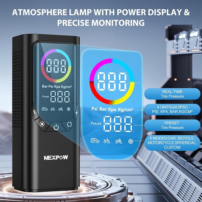 Tire Inflator Portable Air Compressor, NEXPOW 150PSI & 9000mAh Cordless Air Pump - Image 2