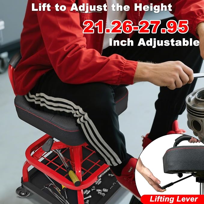 Rolling Shop Stool with Wheels, Garage Mechanic Shop Chair with Handle Backrest - Image 2