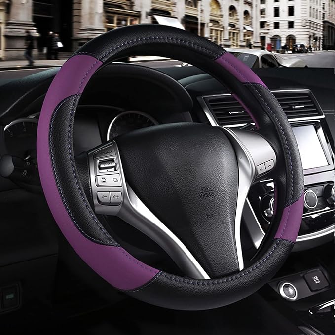Leather Car Steering Wheel Cover, Non-Slip Car Wheel Cover Protector Breathable by Szttswamp