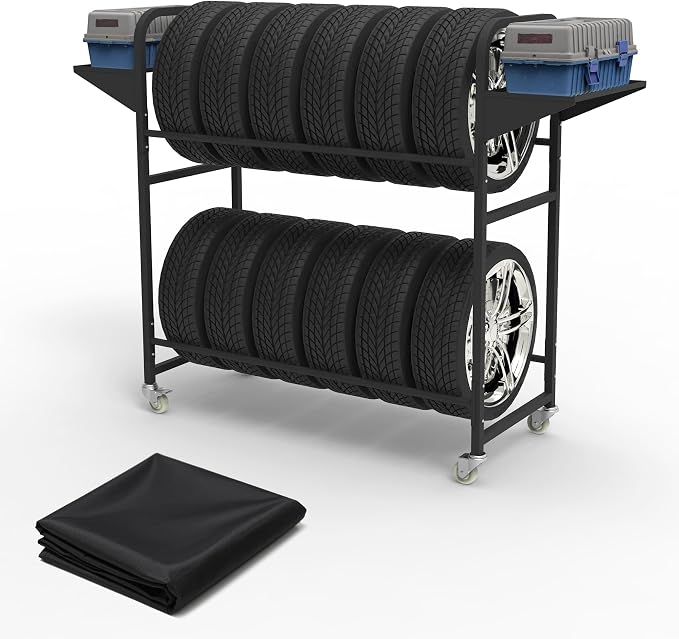 Tire Storage Rack 44" x 44" x 18" w/Anti-dust Cover, Rolling Tire Rack by Neorexon