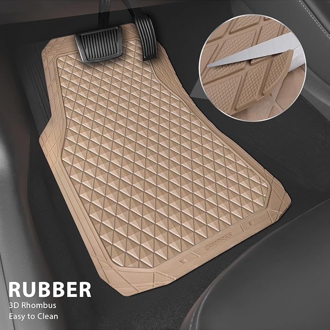 CAR PASS Beige Rubber Car Mats, All-Weather Floor Mats Full Set Durable - Image 2