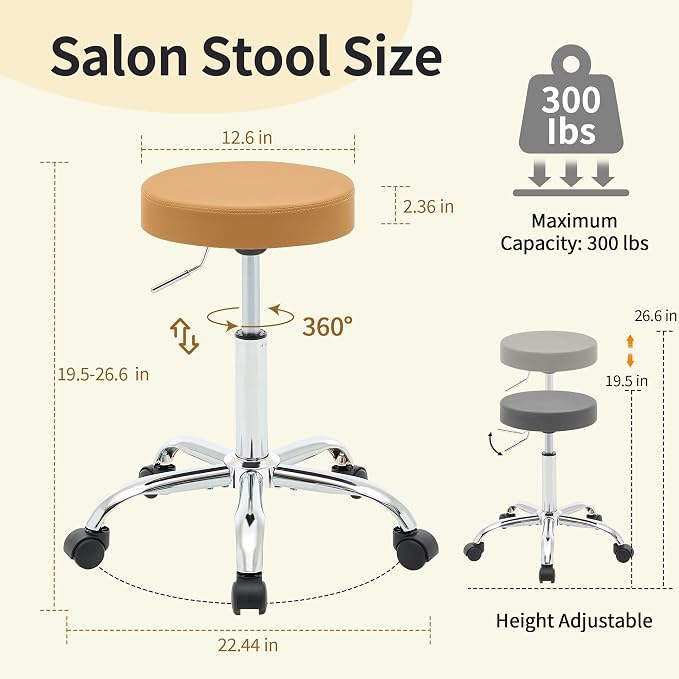 Rolling Massage Chair, Adjustable Hair Cutting Stool 19.5’’-26.6’’, Camel Brown - Image 2